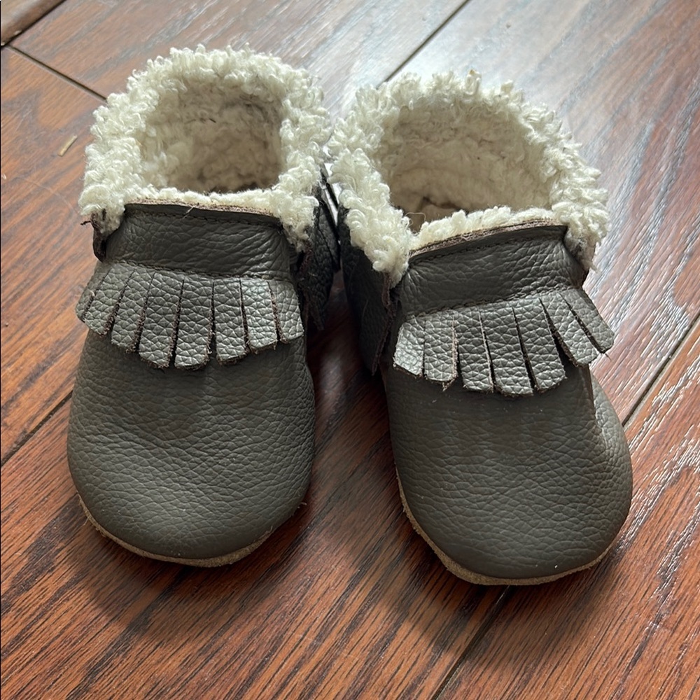 Cozy Gray Kids Moccasins